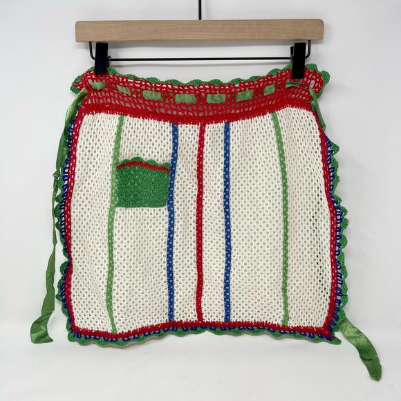 Vintage Off-White w/Red Blue Green Stripes Hand Crochet Green Pocket Half Apron - Picture 1 of 6